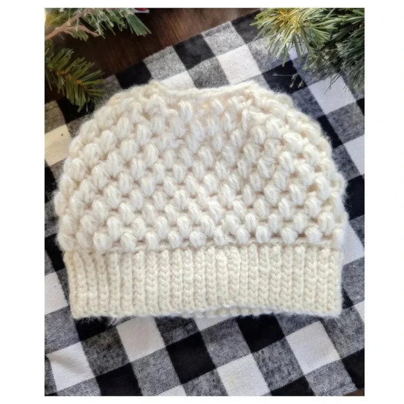 HANDMADE Crochet Cream Ponytail Beanie w/ Authentic Chanel Accent Button